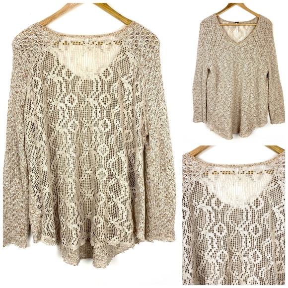 Free People Lace Crotched Knit Top Sweater Size S - Picture 1 of 8
